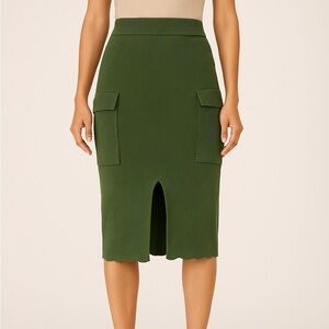 Kerisma Olive Green Ribbed Midi Skirt – High Waisted with Cargo Pocket